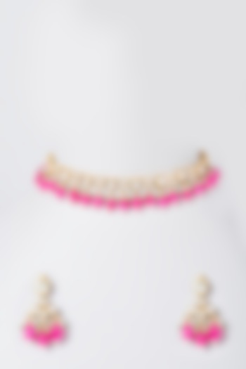 Gold Finish Magenta Beaded Choker Necklace Set by The Boozy Button Jewellery