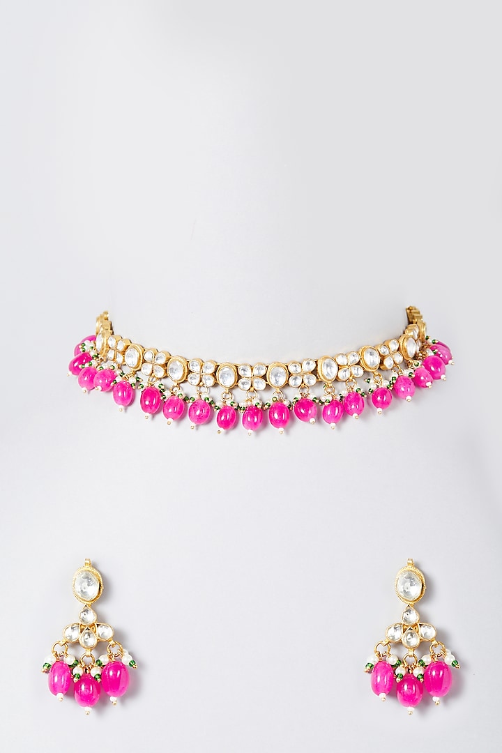 Gold Finish Magenta Beaded Choker Necklace Set by The Boozy Button Jewellery at Pernia's Pop Up Shop