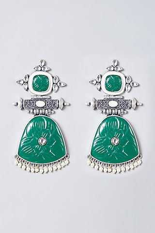 Silver Finish Green Synthetic Stone Dangler Earrings by The Boozy Button Jewellery