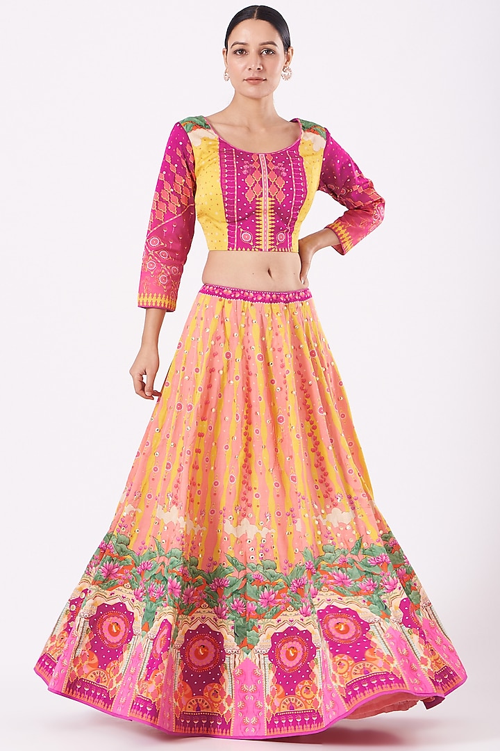 Mustard & Pink Satin Silk Lehenga Set by The Boozy Button at Pernia's Pop Up Shop