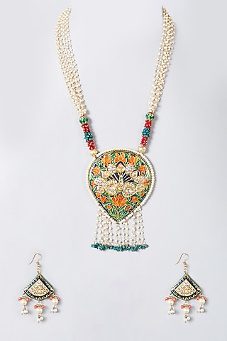 Gold Finish White Beaded Long Necklace Set by The Boozy Button Jewellery