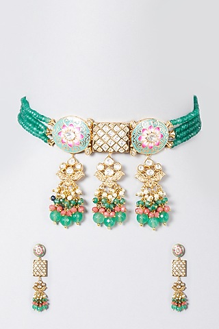 Gold Finish Green Beaded Long Necklace Set by The Boozy Button Jewellery