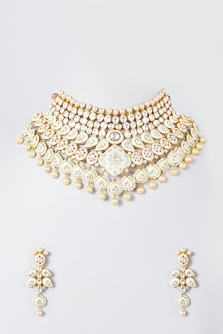 Gold Finish White Synthetic Stone Choker Necklace Set by The Boozy Button Jewellery
