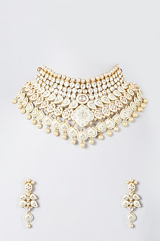 Gold Finish White Synthetic Stone Choker Necklace Set by The Boozy Button Jewellery