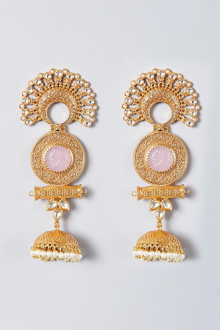 Gold Finish Blush Pink Synthetic Stone Dangler Earrings by The Boozy Button Jewellery