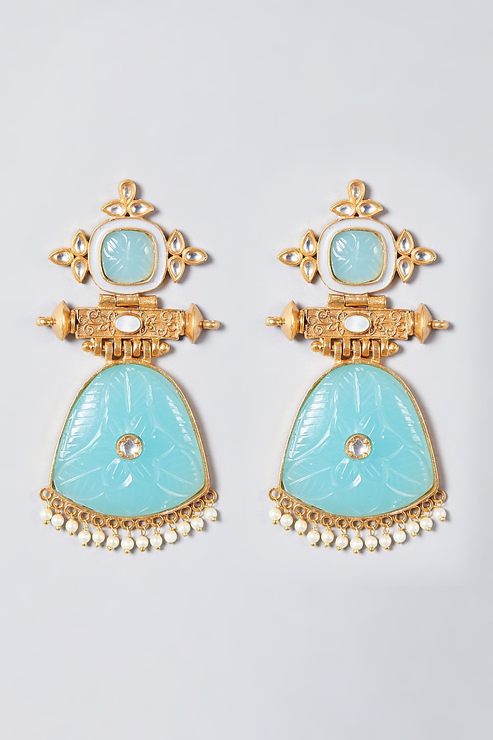 Gold Finish Turquoise Synthetic Stone Dangler Earrings by The Boozy Button Jewellery