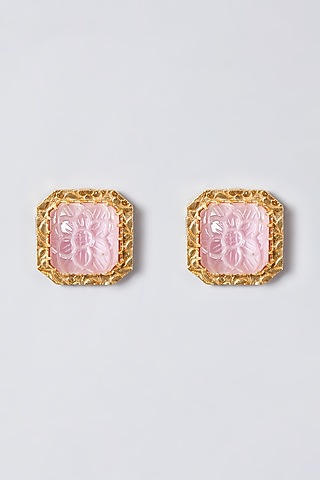 Gold Finish Pink Synthetic Stone Stud Earrings by The Boozy Button Jewellery