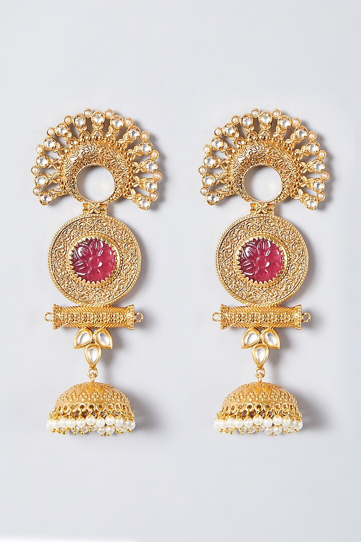Gold Finish Red Synthetic Stone Dangler Earrings by The Boozy Button Jewellery