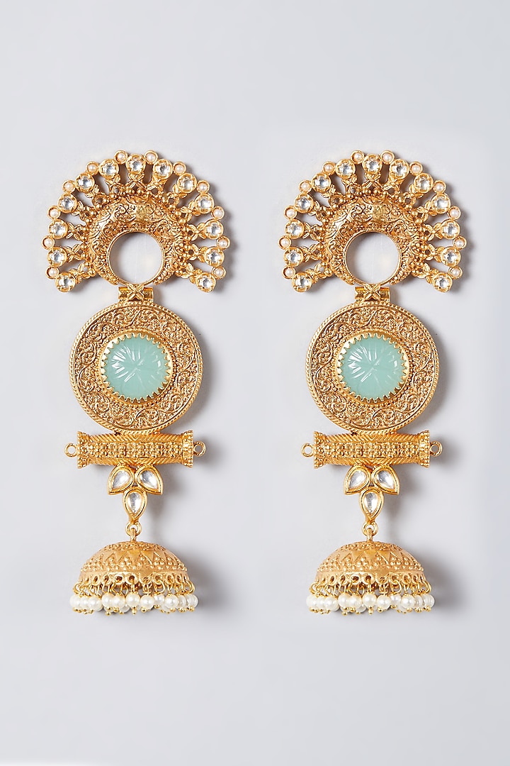 Gold Finish Blue Synthetic Stone Dangler Earrings by The Boozy Button Jewellery