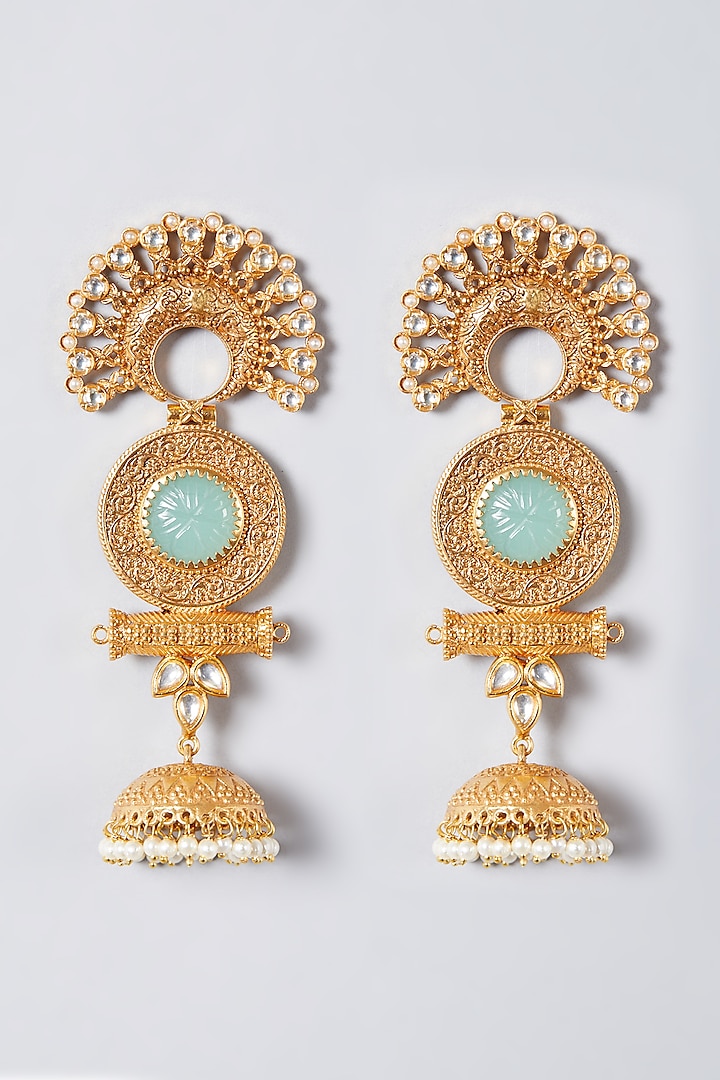 Gold Finish Blue Synthetic Stone Dangler Earrings by The Boozy Button Jewellery at Pernia's Pop Up Shop