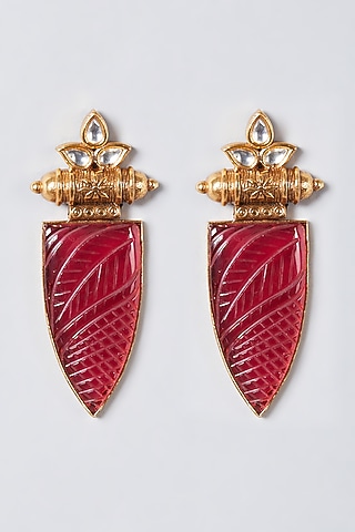 Gold Finish Maroon Synthetic Stone Dangler Earrings by The Boozy Button Jewellery