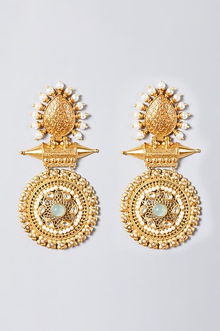 Gold Finish Powder Blue Synthetic Stone Dangler Earrings by The Boozy Button Jewellery