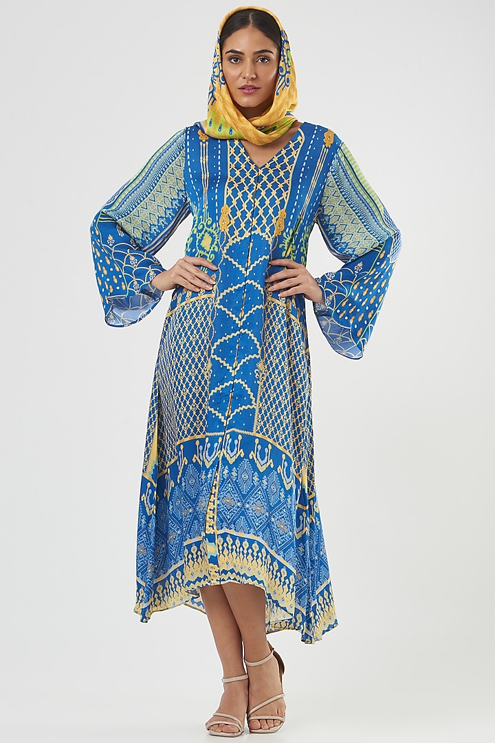 Cobalt Blue Satin Abaya Tunic With Scarf by The Boozy Button