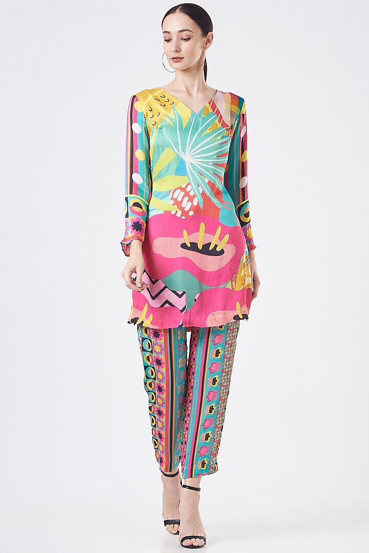 Multi-Coloured Silk Tunic Set by The Boozy Button