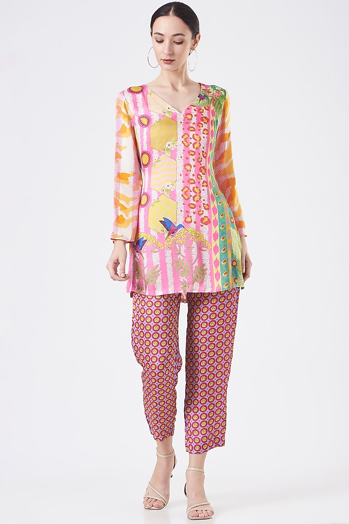 Multi-Coloured Tunic Set in Satin Silk by The Boozy Button