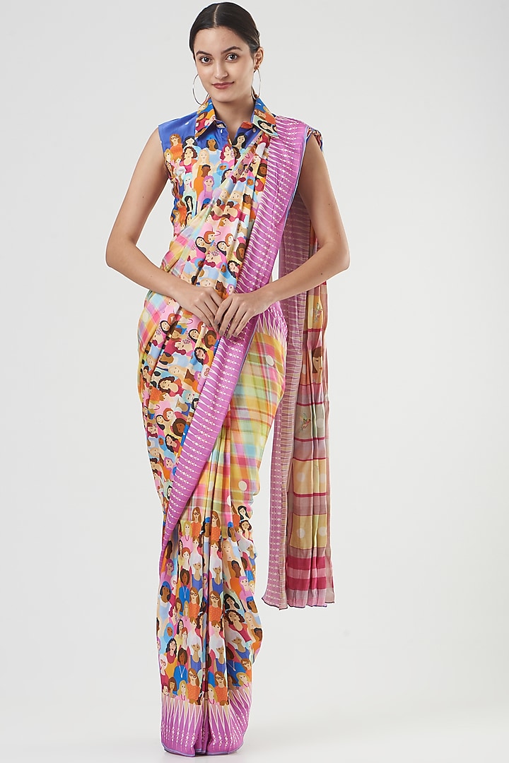 Multi-Coloured Silk Saree Set by The Boozy Button