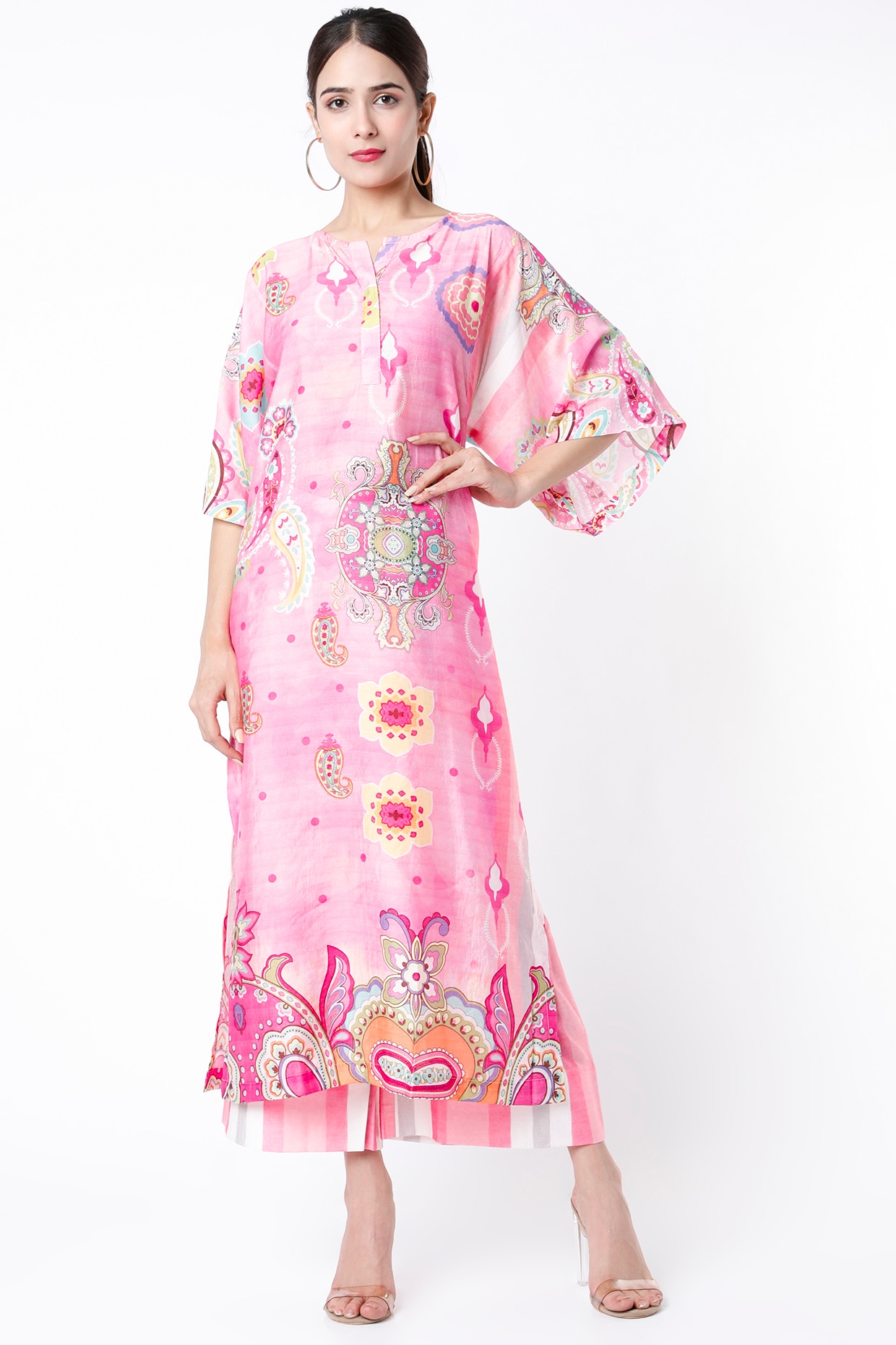 Rose Pink Cotton Silk Kaftan Set Design by The Boozy Button at