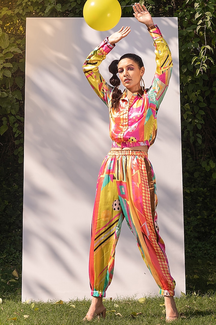Multi-Colour Printed Satin Silk Track Pant Set by The Boozy Button