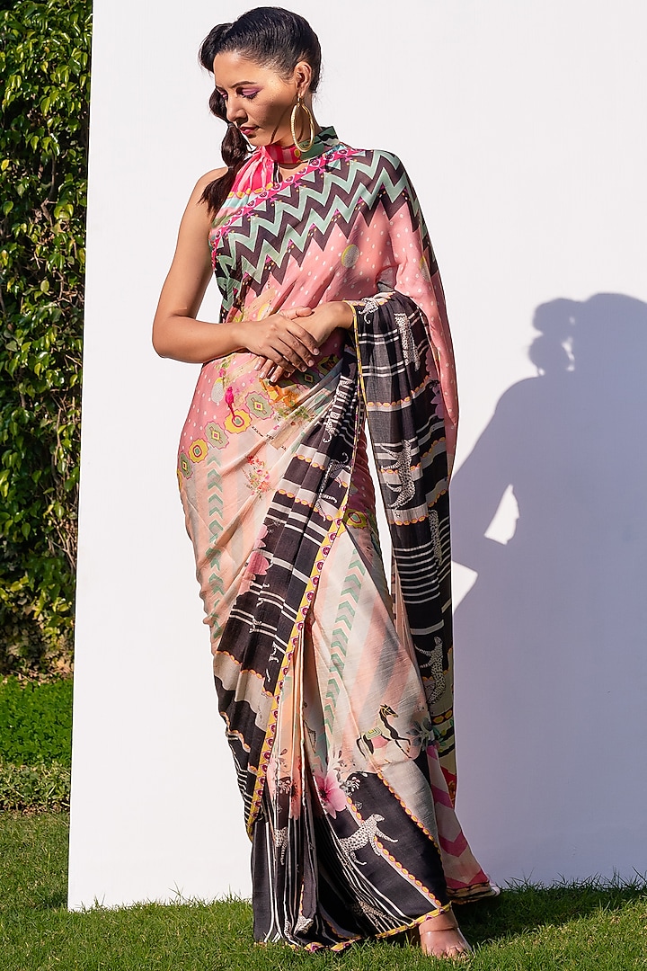 Blush Pink & Black Printed Saree by The Boozy Button