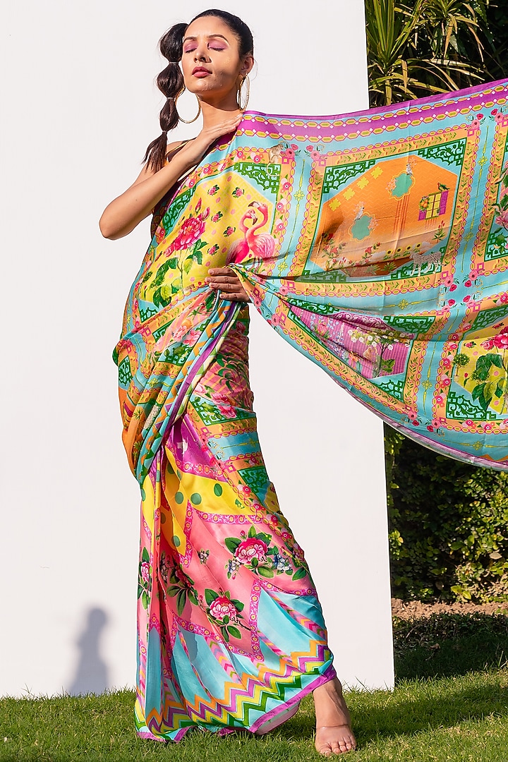 Multi-Colour Satin Silk Saree by The Boozy Button at Pernia's Pop Up Shop