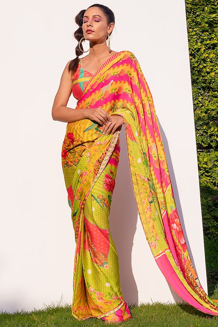 Yellow Printed Saree by The Boozy Button