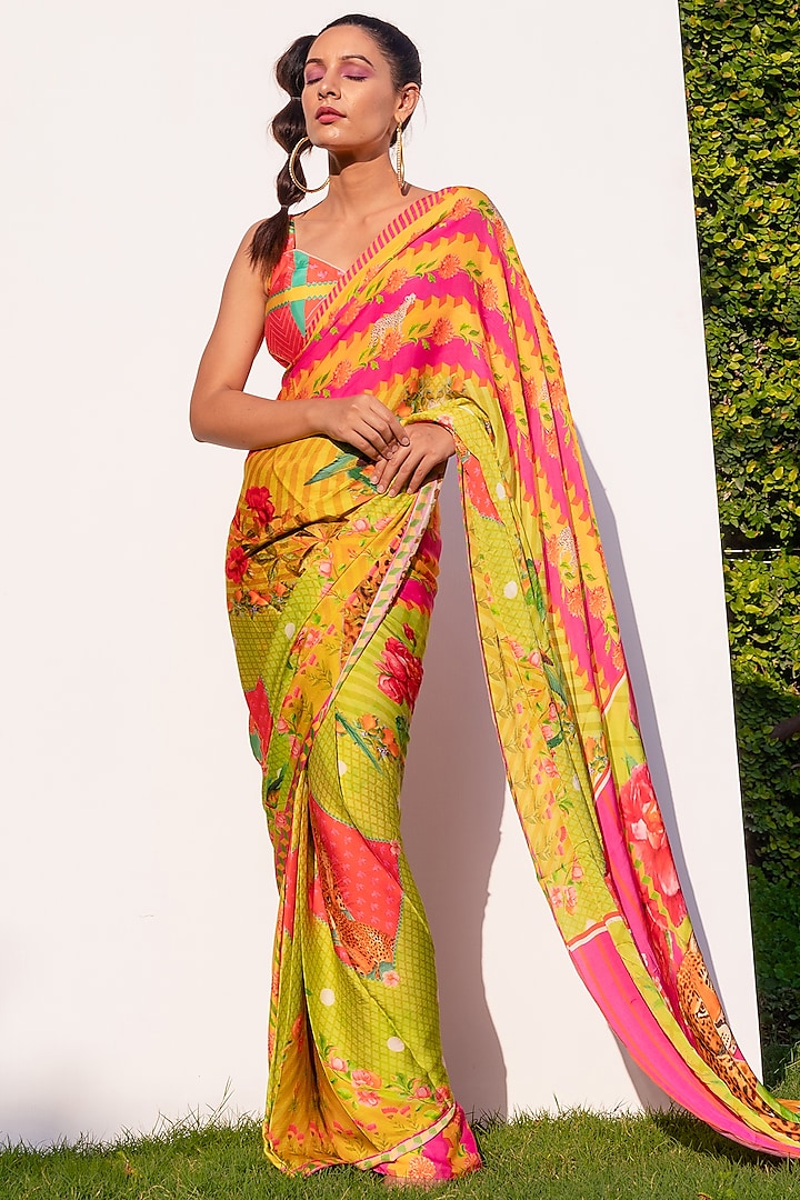 Yellow Printed Festive Saree by The Boozy Button at Pernia's Pop Up Shop