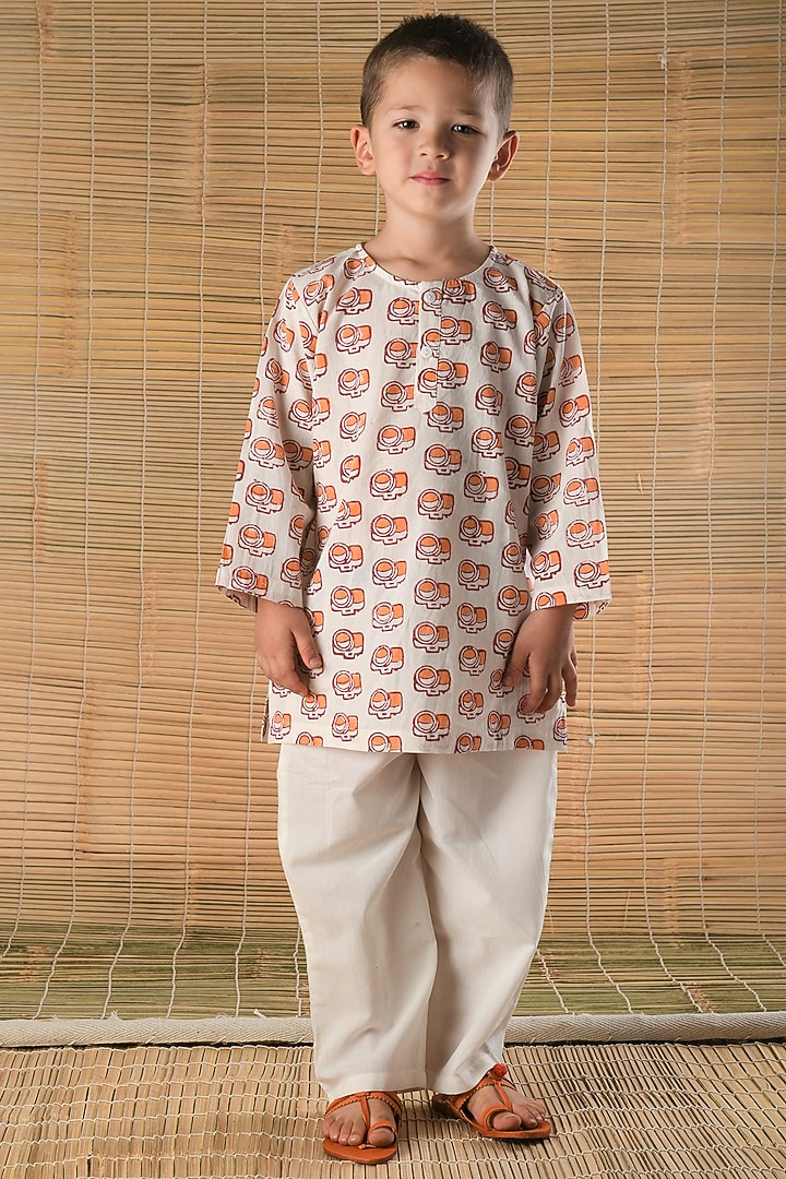 Pale Orange Hand Block Printed Kurta Set by The Baby Label at Pernia's Pop Up Shop