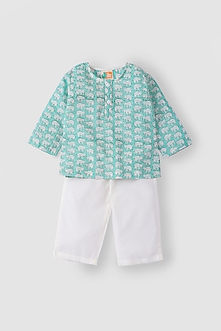 Sea Green Hand Block Printed Kurta Set by The Baby Label
