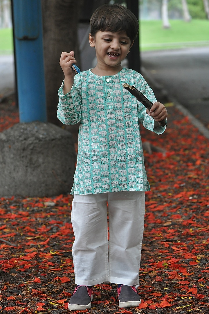 Sea Green Hand Block Printed Kurta Set by The Baby Label at Pernia's Pop Up Shop