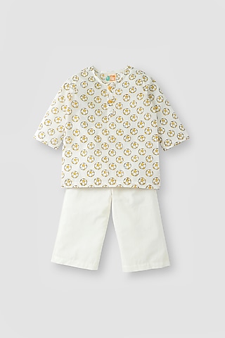 White & Yellow Hand Block Printed Kurta Set by The Baby Label