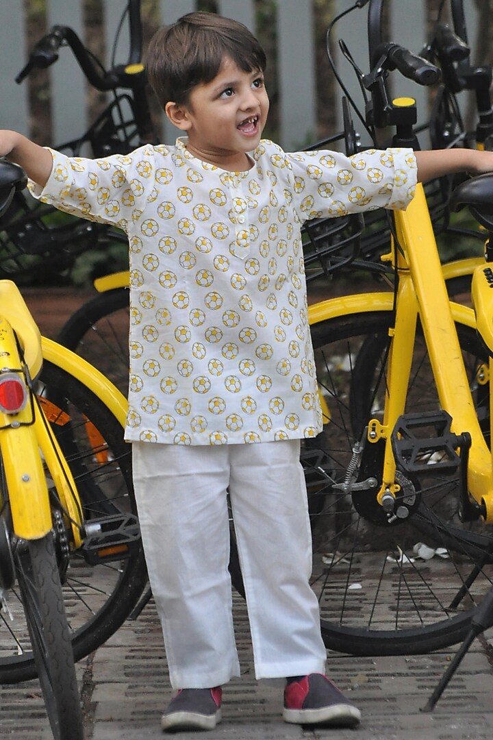 White & Yellow Hand Block Printed Kurta Set by The Baby Label at Pernia's Pop Up Shop
