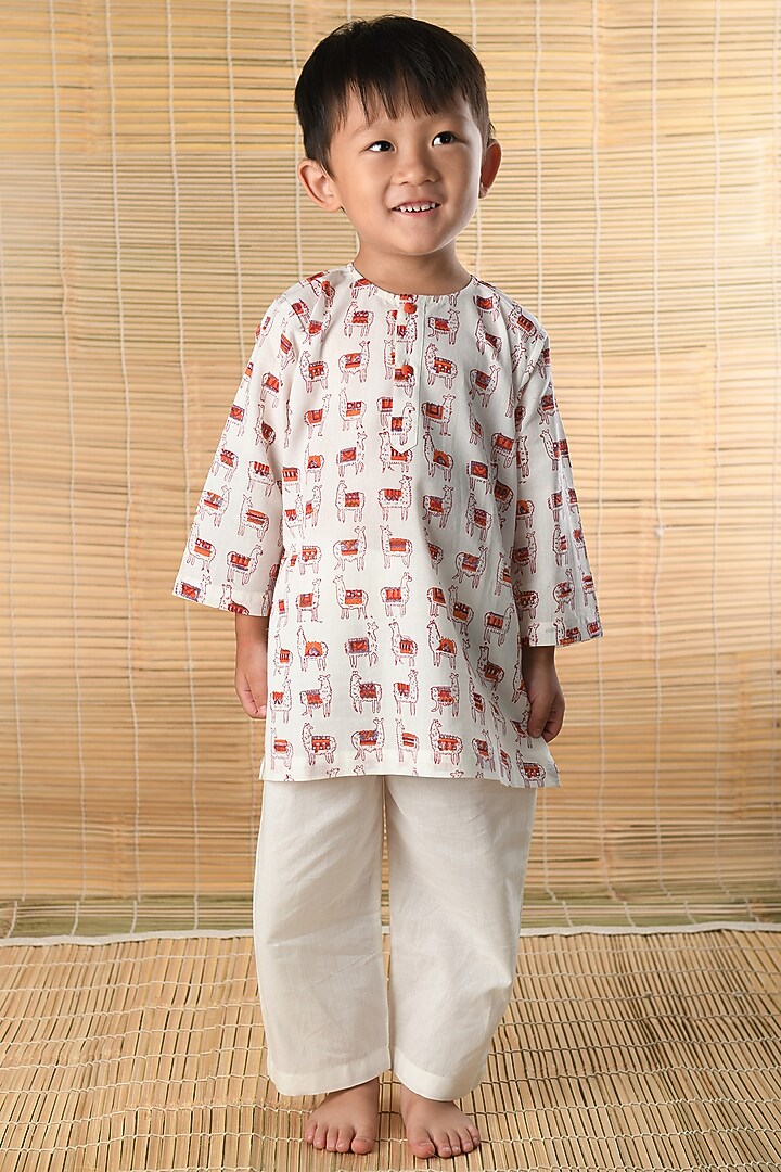 White & Red Hand Block Printed Kurta Set by The Baby Label at Pernia's Pop Up Shop