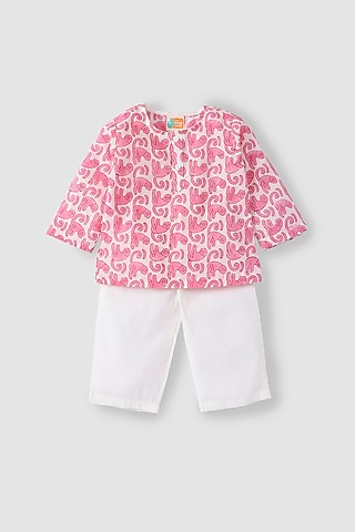 Pink Hand Block Printed Kurta Set by The Baby Label