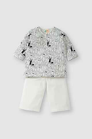 White & Black Cotton Hand Block Printed Kurta Set by The Baby Label