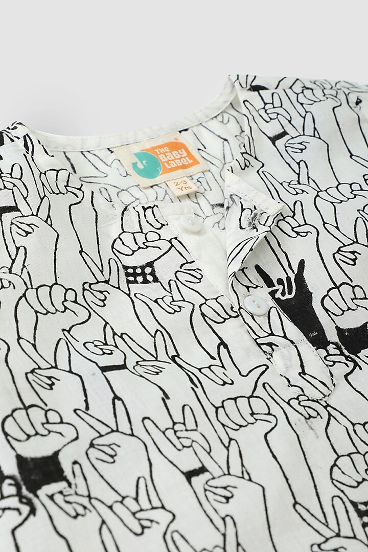 White & Black Cotton Hand Block Printed Kurta Set by The Baby Label at Pernia's Pop Up Shop
