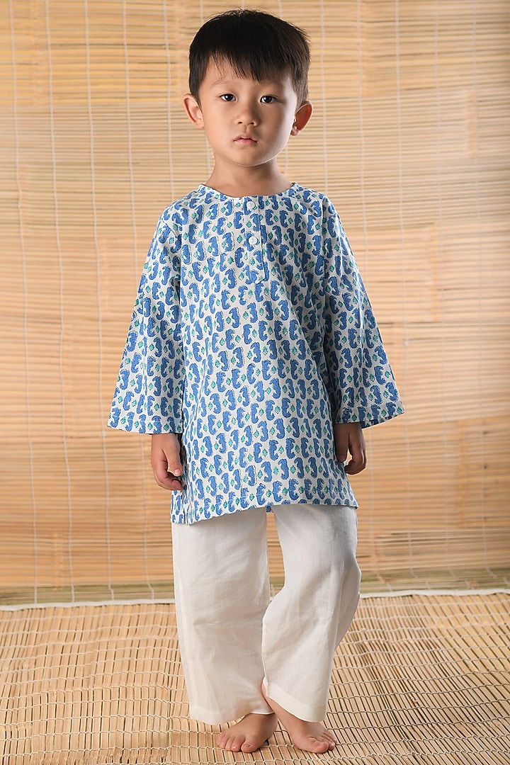 Blue Hand Block Printed Kurta Set by The Baby Label at Pernia's Pop Up Shop