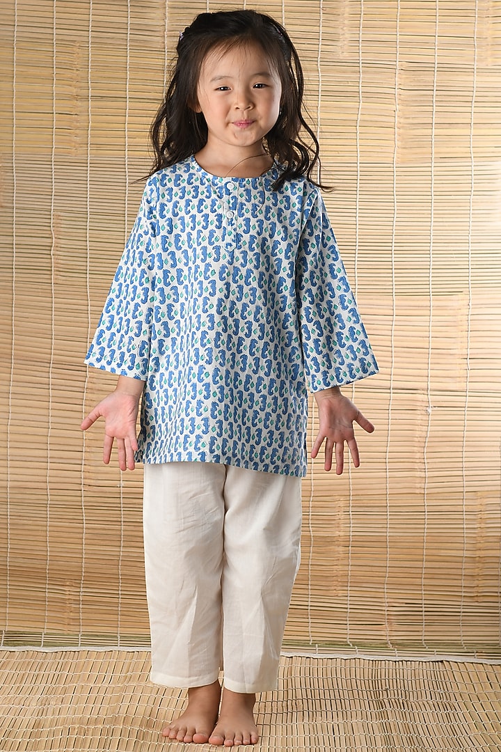 Blue Hand Block Printed Kurta Set by The Baby Label at Pernia's Pop Up Shop