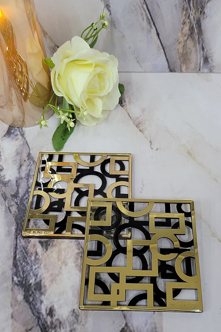 Black & Gold Polymer Handcrafted Square Coasters Set by The Bling Edit