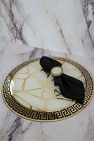 White & Gold Polymer Handcrafted Round Placemat by The Bling Edit