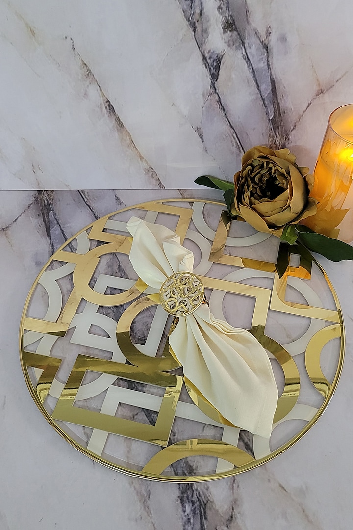 White & Gold Polymer Handcrafted Round Placemat by The Bling Edit