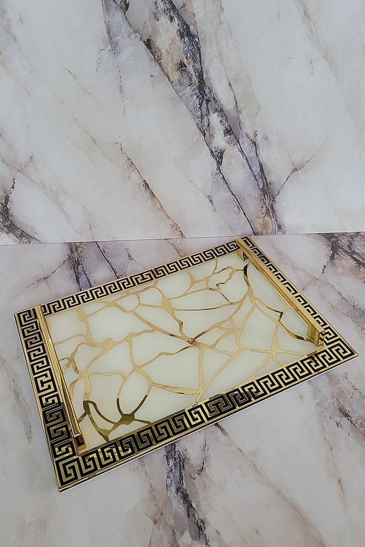 White & Gold Polymer Handcrafted Tray by The Bling Edit