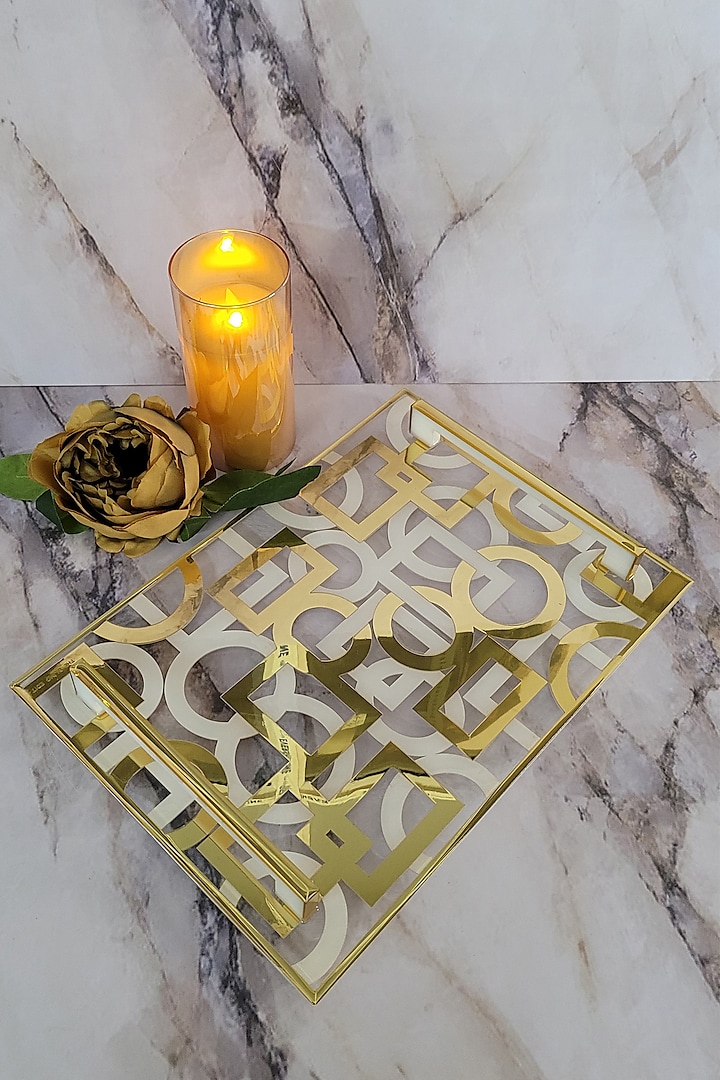 White & Gold Polymer Handcrafted Tray by The Bling Edit