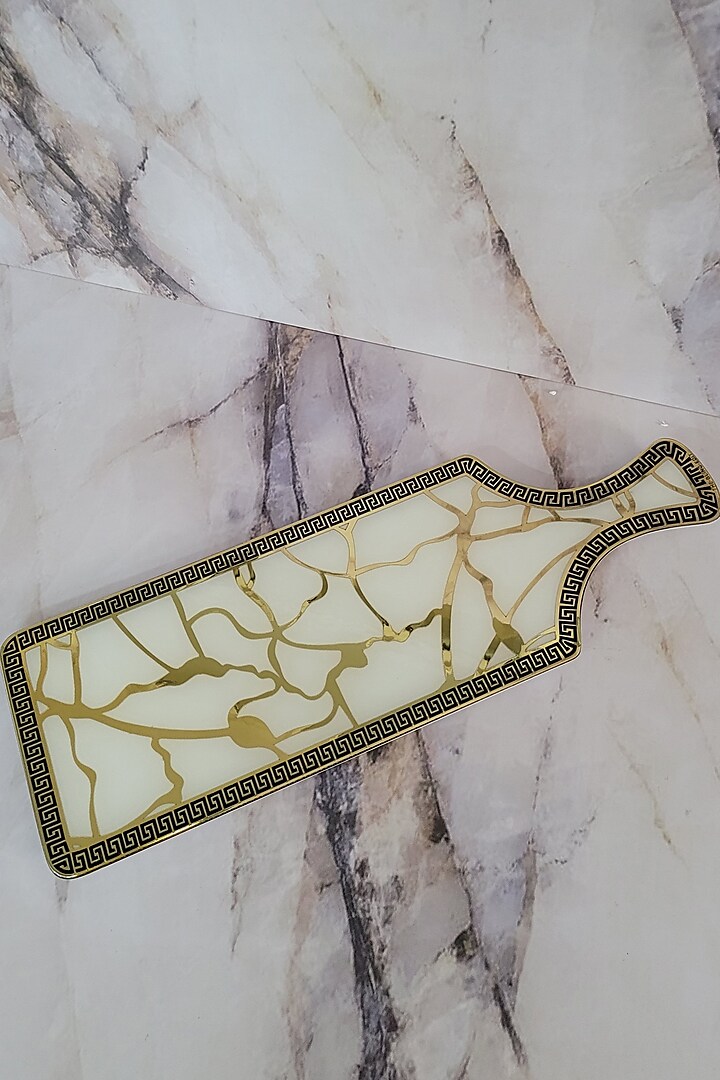 White & Gold Polymer Handcrafted Rectangular Serving Platter by The Bling Edit