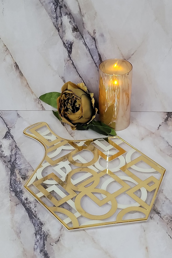 White & Gold Polymer Handcrafted Serving Platter by The Bling Edit