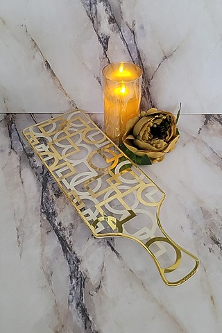 White & Gold Polymer Handcrafted Rectangular Serving Platter by The Bling Edit