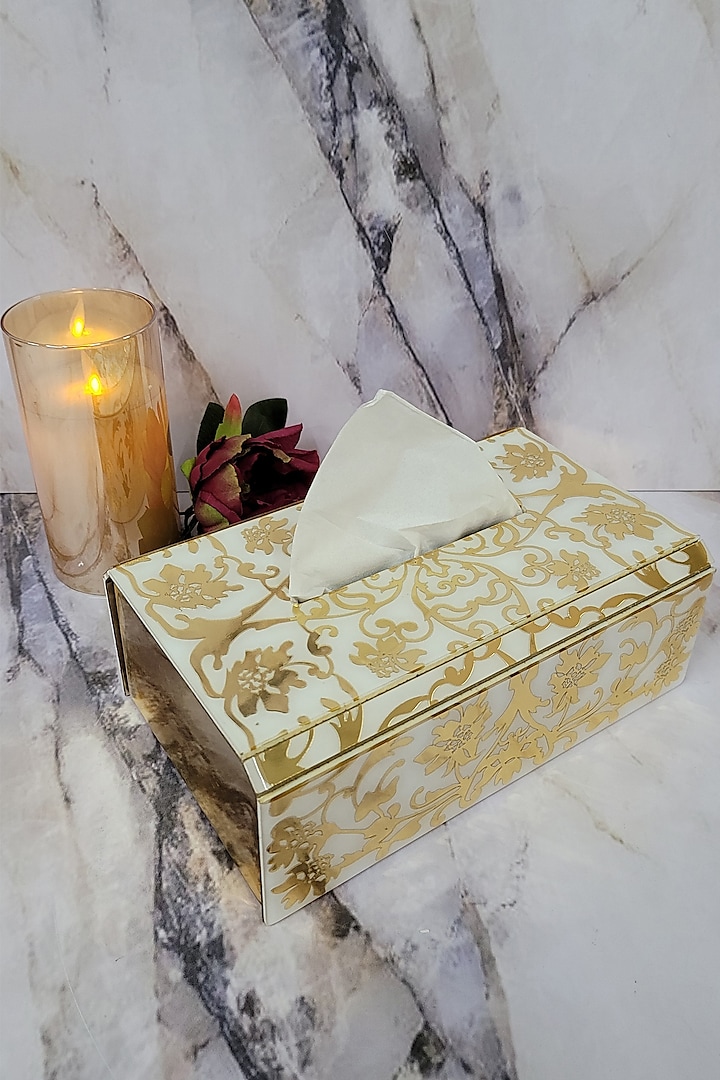 White & Gold Polymer Handcrafted Tissue Box by The Bling Edit