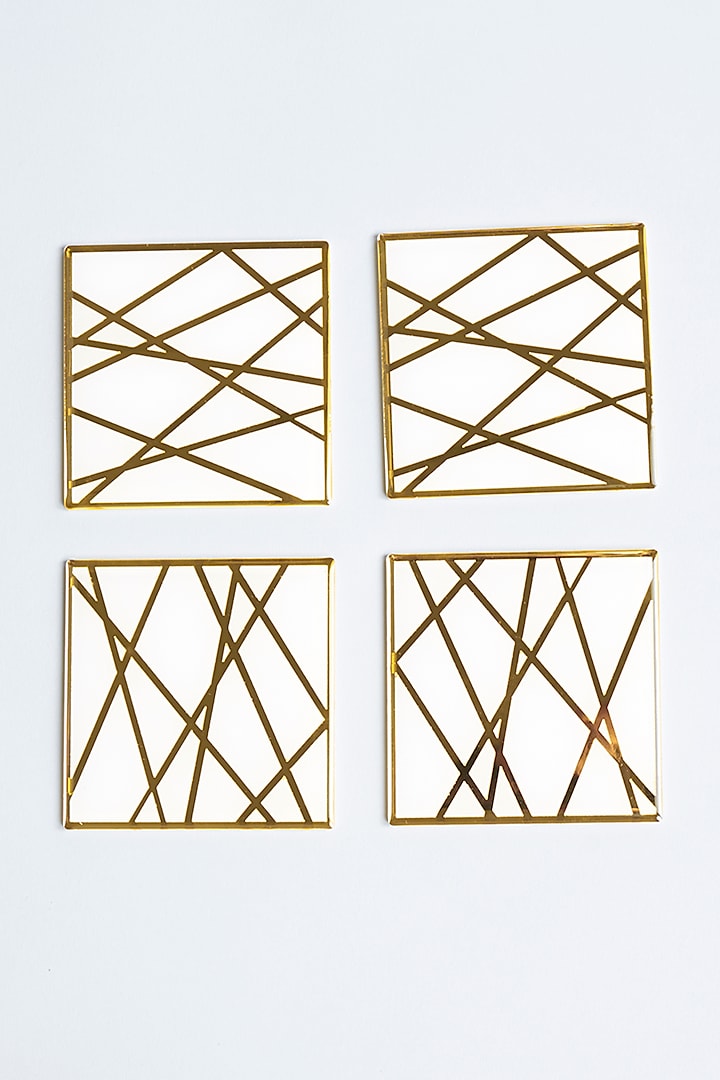 Dancing Lines Gold & White Coaster (Set of 4) by The Bling Edit