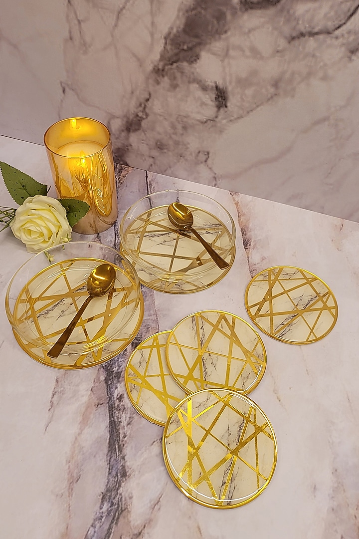 Dancing Lines White & Gold Marble Finish Coasters (Set of 4) by The Bling Edit at Pernia's Pop Up Shop