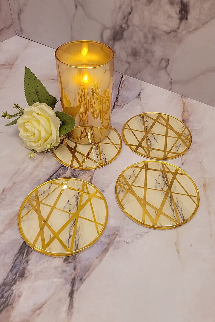 Dancing Lines White & Gold Marble Finish Coasters (Set of 4) by The Bling Edit