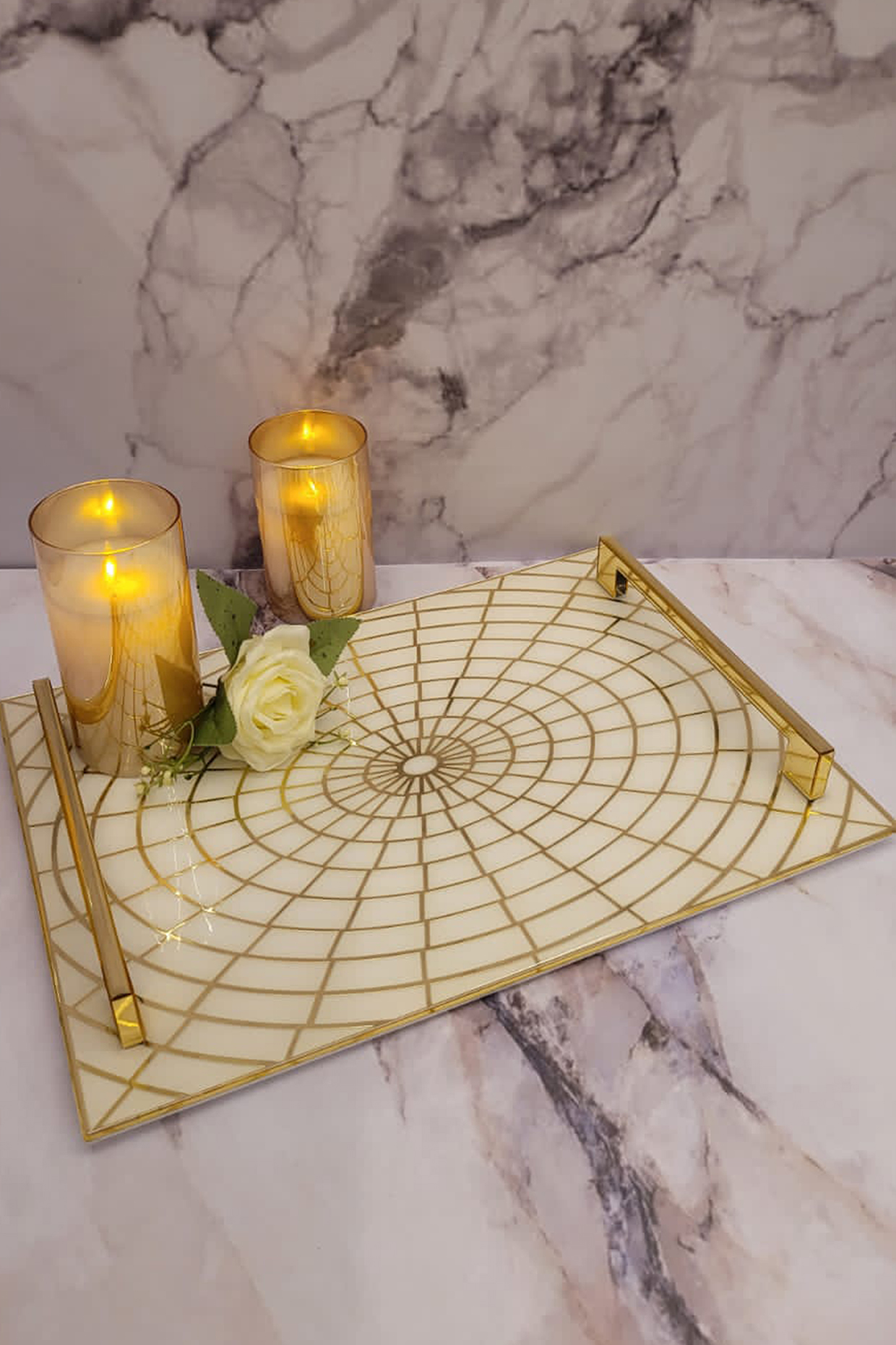 White & Gold Handcrafted Tray by The Bling Edit